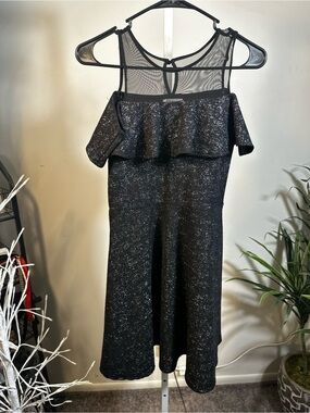 65. D-signed Sparkle Black Cold-Shoulder Midi Dress with Mesh Yoke